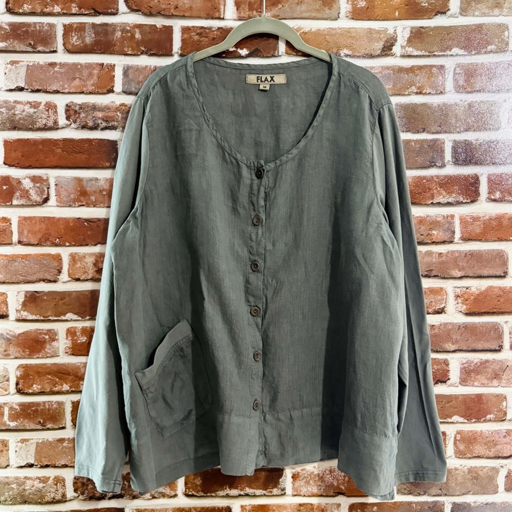 FLAX 100% Linen “Cardigan” Button Down in Grey, Size Medium
